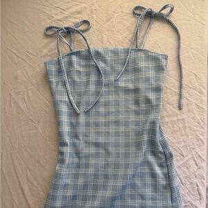 🦋 Blue Plaid Coquette Mini Dress with Tie Straps